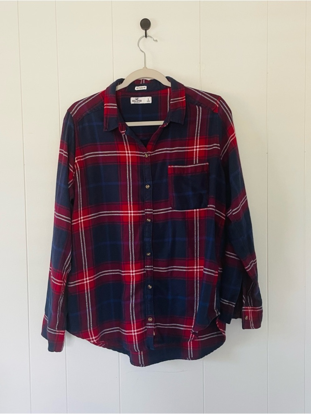 Hollister Red and Navy Plaid Button-Down Shirt